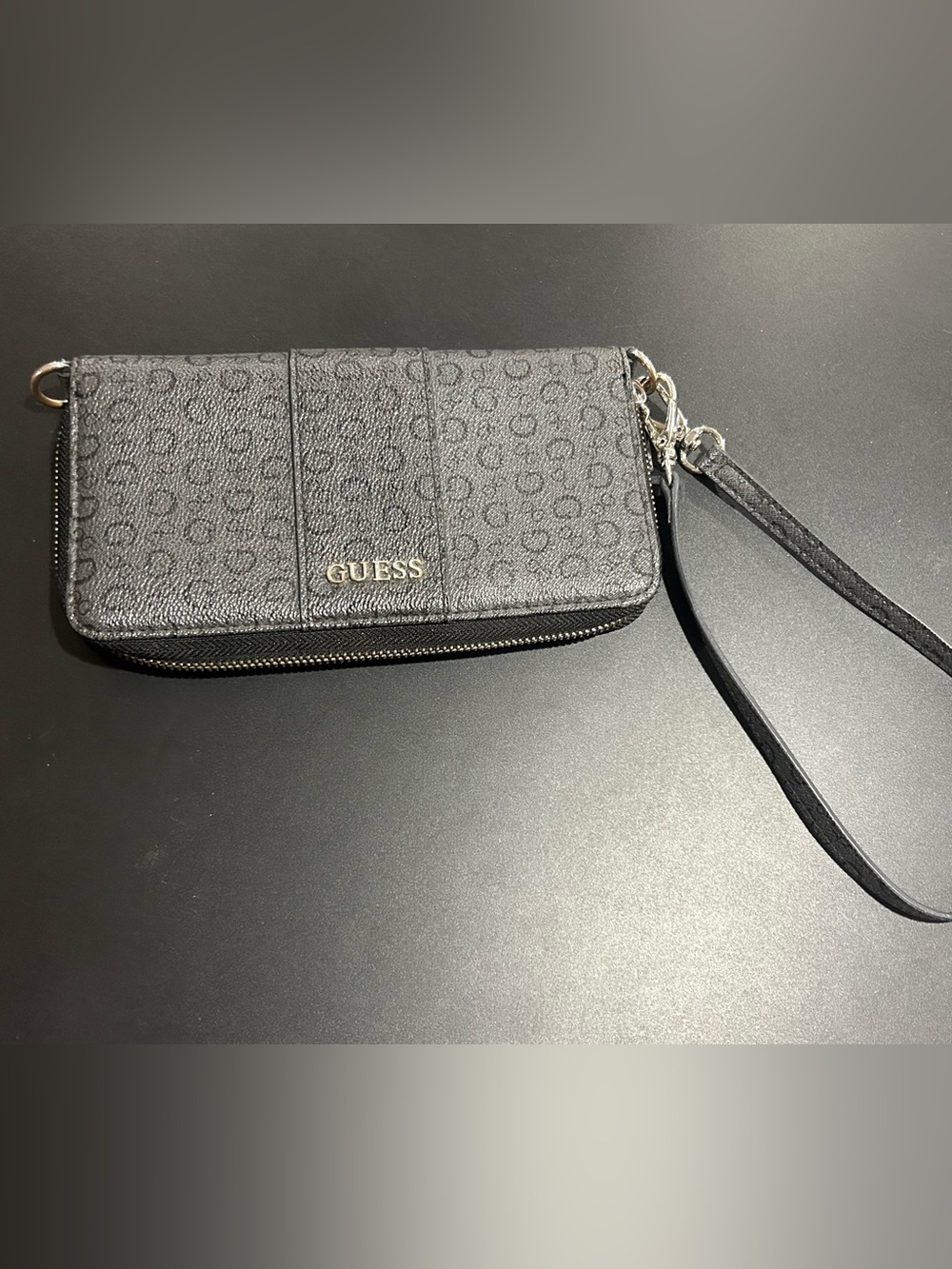 Guess Black Logo-Print Wristlet Clutch with Gold Accents
